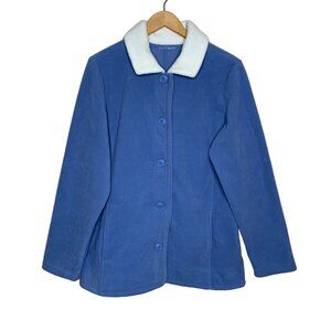 QVC Jacket Coat Fleece Button Front Coneflower Blue Cream Pockets Women's Size L